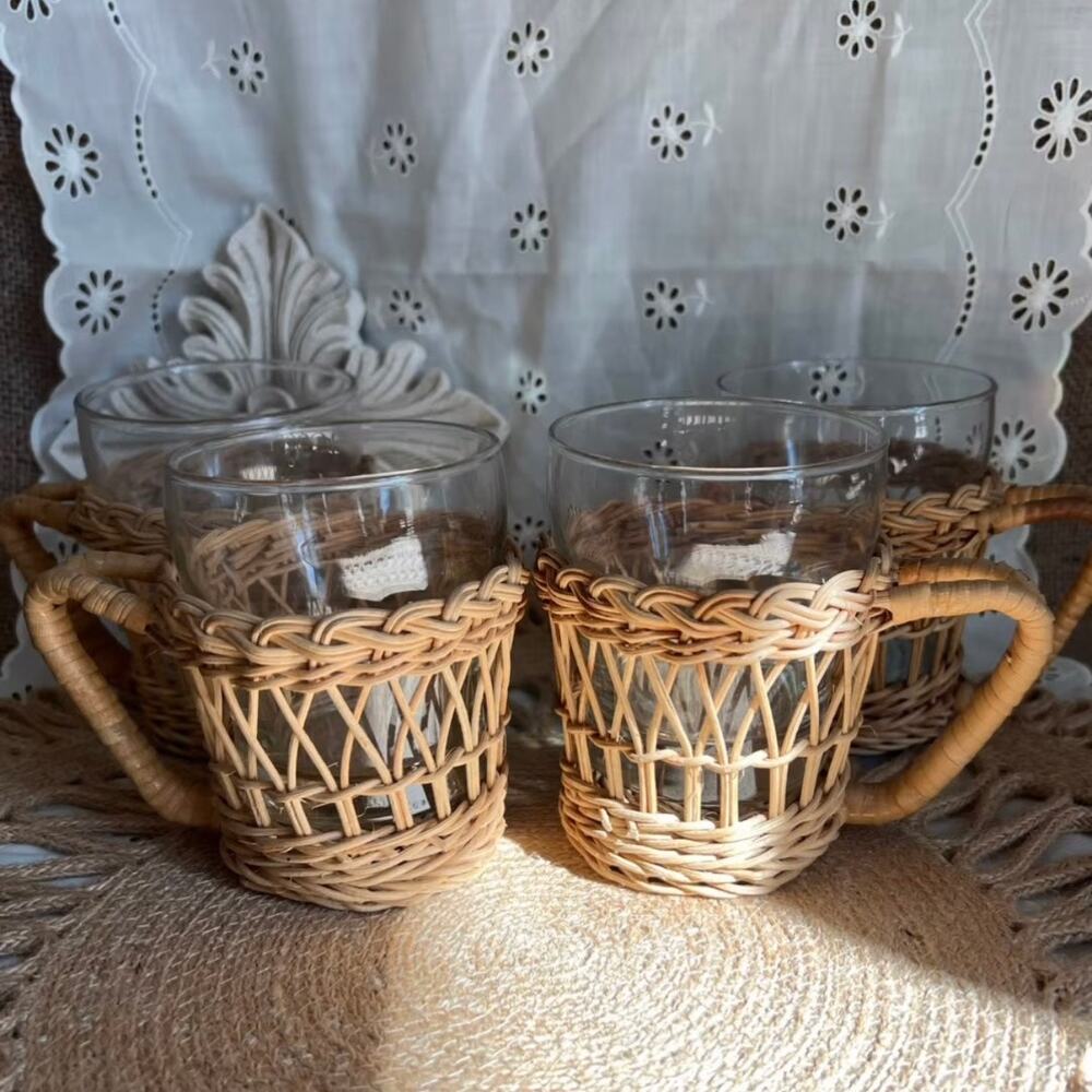 4 vintage wicker and glass coffee cups